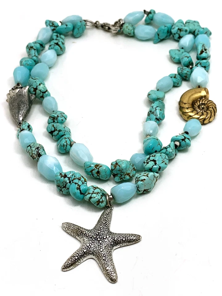 LUCKY BRAND Necklace Ocean Theme Shell Starfish Turquoise Stone Glass Bead - Image 4 of 4