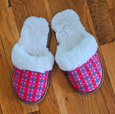 Womens Check Slide Slippers Faux Fur Lined Size 5-6