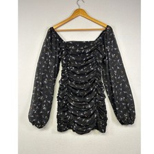 Coquette More To Come Womens XS Black Floral Ruched Sheer Sleeve Mini Dress