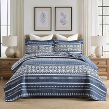 Quilt Set 100 Cotton Boho Striped King Quilt,Navy Blue Quilt King Size Bohemian