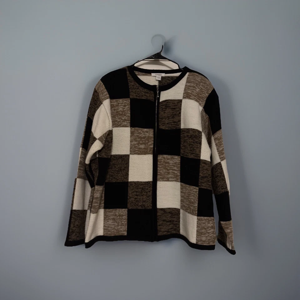 Suéter Dressbarn Mujer 14 16 Beige Marrón A Cuadros Cremallera Acogedor Cómodo Ligero Foto 3 de 4