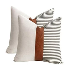  Set of 2 Farmhouse Decor Stripe Patchwork Linen 18" x 18" (Pack of 2) Gray