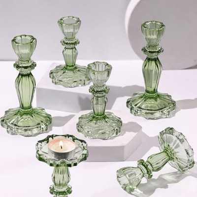 Green Candlestick Holders Set of 6, Glass Taper Candle Holders Green