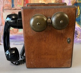 Vintage Oak Dovetail Wood Hand Crank Wall Mounted Telephone W/ Headset L@@K