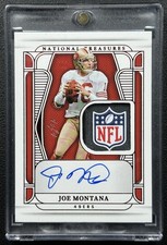 JOE MONTANA 2024 NATIONAL TREASURES MATERIAL NFL SHIELD TAG PATCH AUTO RED 1/1