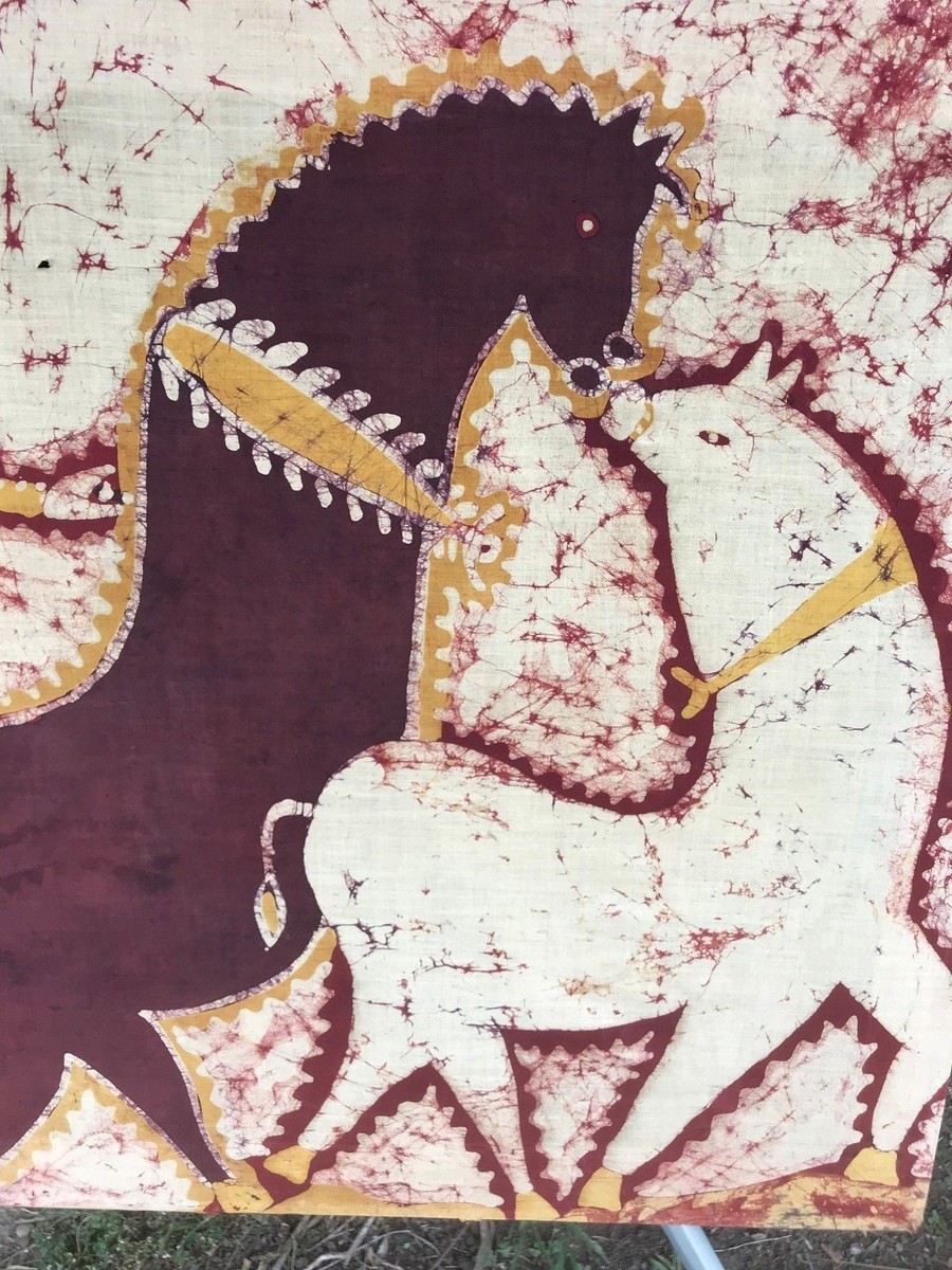 バティック絵画 VINTAGE BALI BATIK Original MODERN PRIMITIVE Men Horse Cave Art