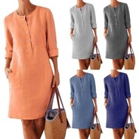 UK Summer Womens long Sleeve Cotton Linen Baggy Shirt Dress Midi dress Plus Size