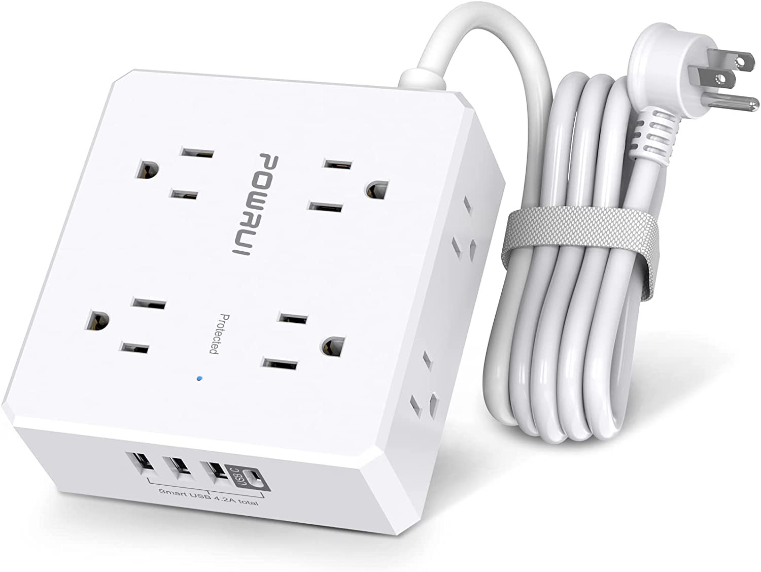 Surge Protector Power Strip - 6 Ft Flat Plug Extension Cord with 8 Widely Outlet