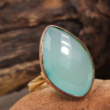 925 Sterling Silver Party Wear Jewelry Aqua Chalcedony Gold Plated Ring Size 6.5