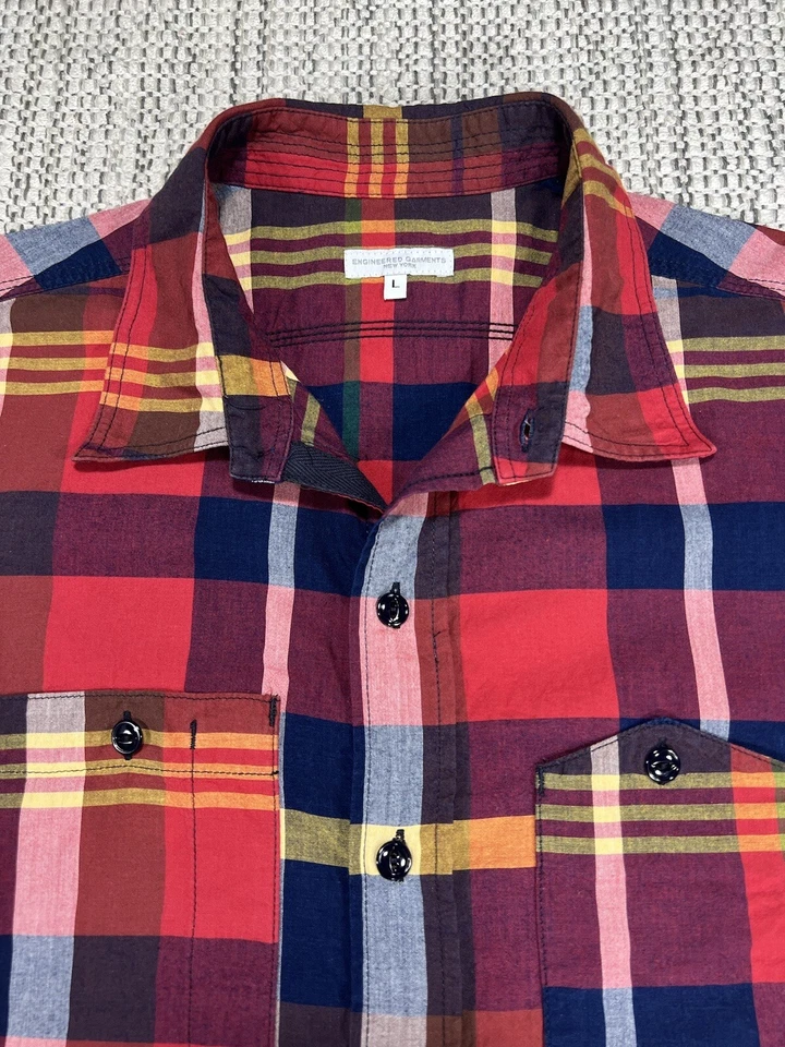 ENGINEERED GARMENTS Work Shirt, MEN'S LARGE, Madras Cotton, Red Plaid, USA - Image 2 of 4