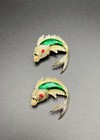 Vintage Gold Tone Fish Motif Twin Pin Set Of 2 Green Enamel Rhinestone Eye — photo 1