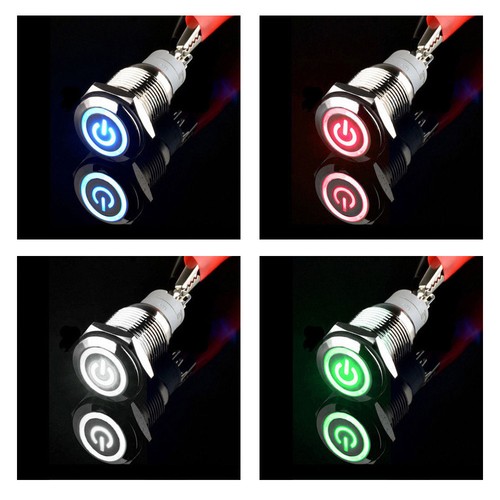 Produktbild von SeKi Edelstahl Druckschalter 16mm – Flach, Rastend, Mit Blauem LED-Ring, Lötösen/Flachstecker
