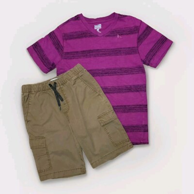 10-12 Boys Brown Cargo Shorts And Maroon Striped V-neck T-shirt Boys Summer Set