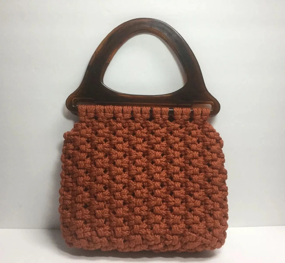 Cartera/bolso de mano vintage años 70 boho hecho a mano macramé asas naranja quemado forrado Foto 3 de 4