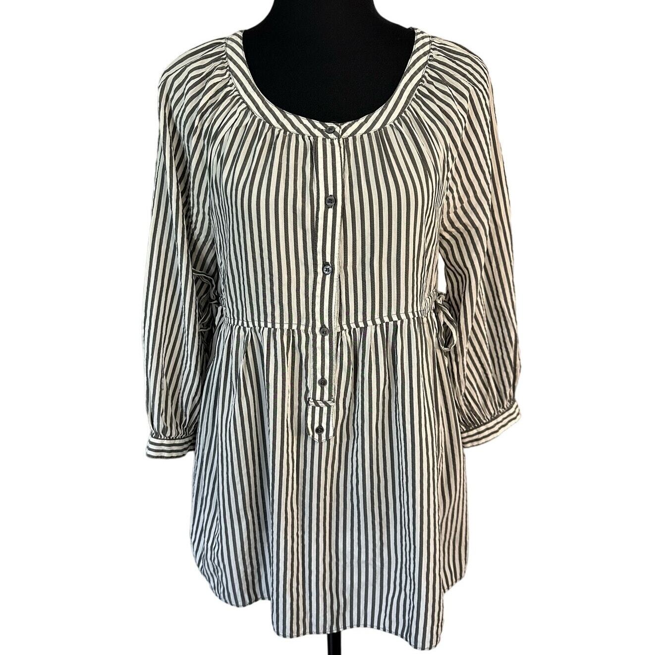 Zara Gray and White Striped Chinch Waist Half Button Front Tunic Top, Size L