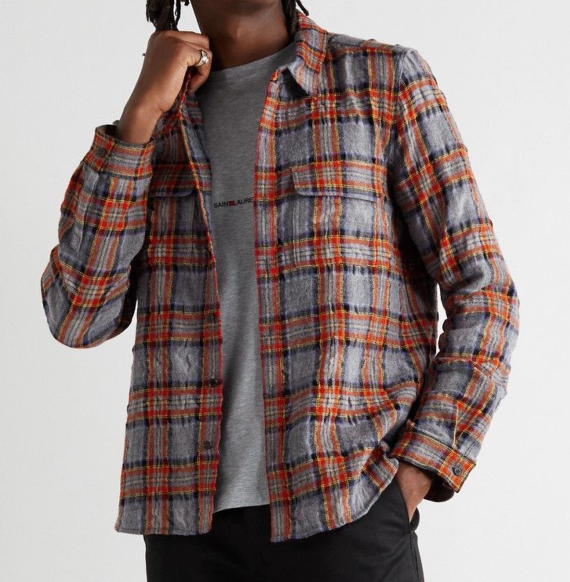 New Saint Laurent YSL Gray Red Check Print Western Crop Flannel