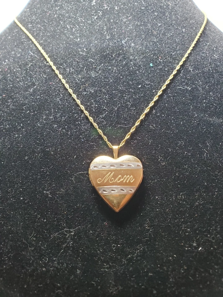 10k Two Tone Gold Heart "Mom" Locket Pendant W/ 18" 14k GF Necklace Mother's Day - Image 2 of 4