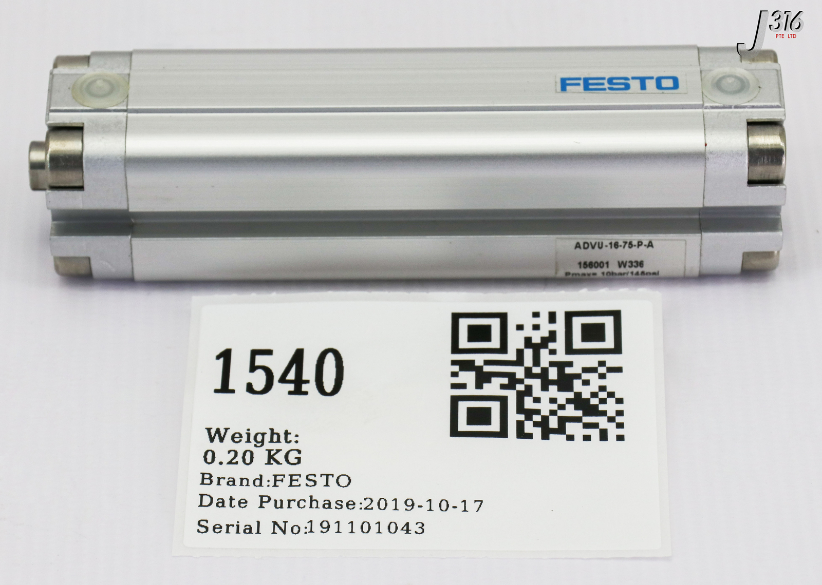 1540 FESTO AIR CYLINDER, PMAX=10BAR/145PSI ADVU-16-75-P-A