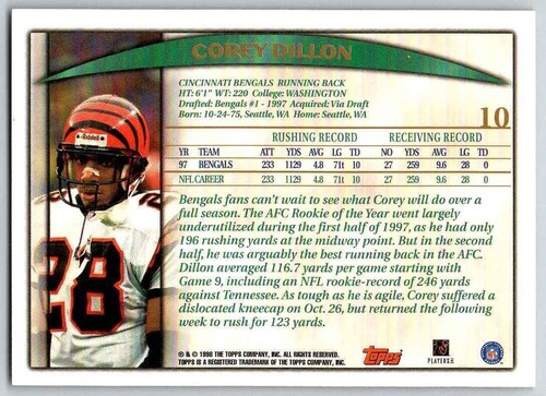 1998 Topps COREY DILLON #10 Cincinnati Bengals - Picture 2 of 2