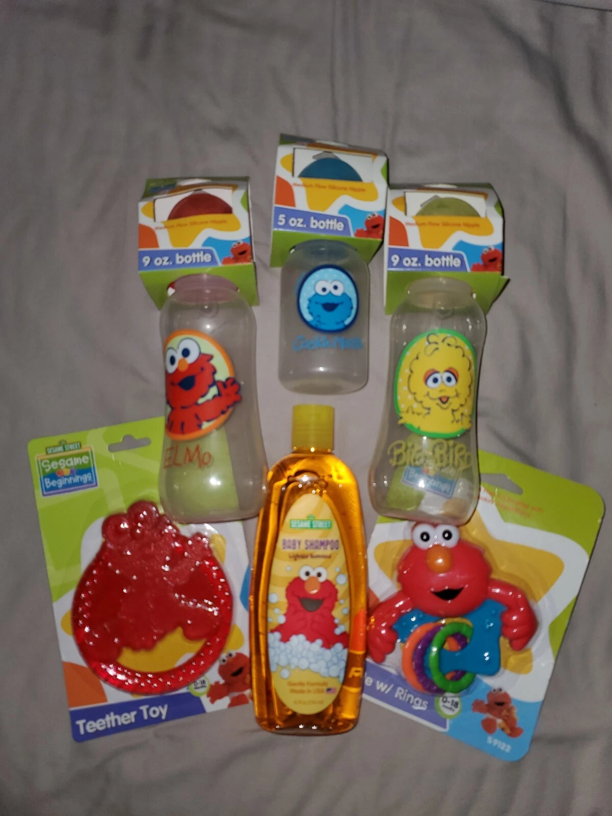 Sesame Street Baby Lot - Bottles, Teether, Rattle, Shampoo - Baby Shower Gift