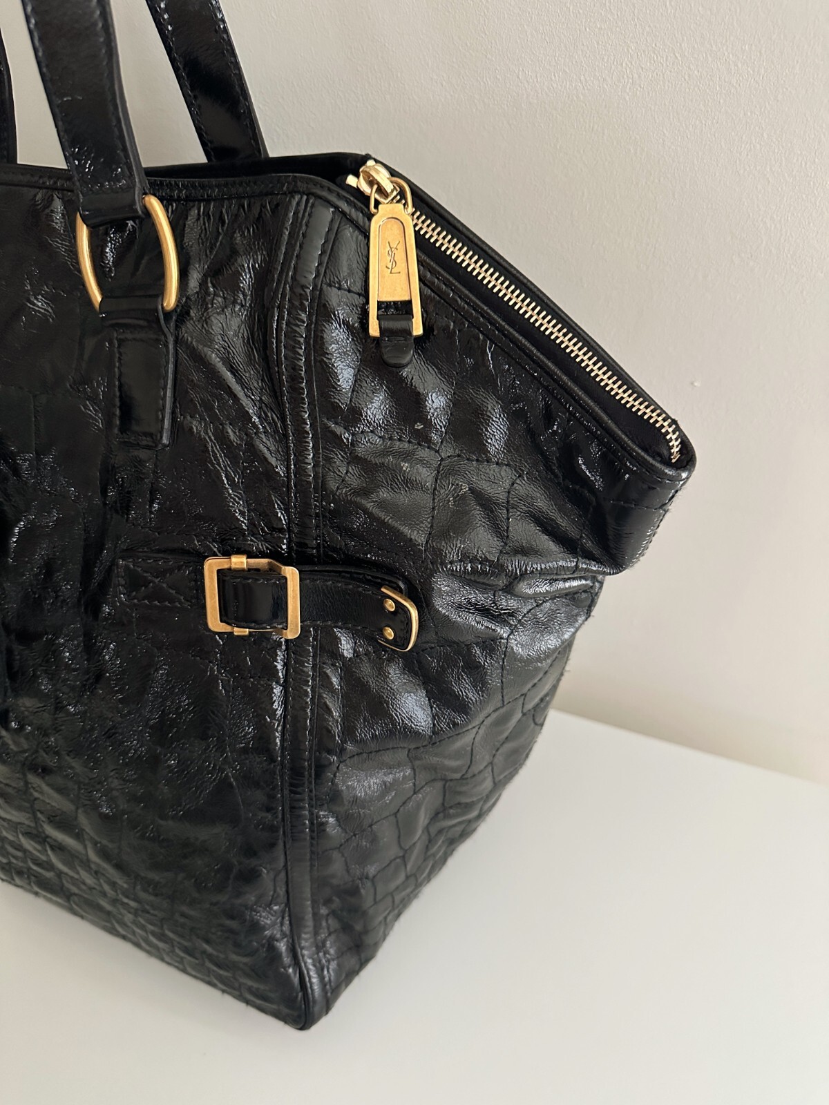 YSL Yves Saint Laurent Downtown Black Quilted Croc Embossed Patent Leather Tote — image 4