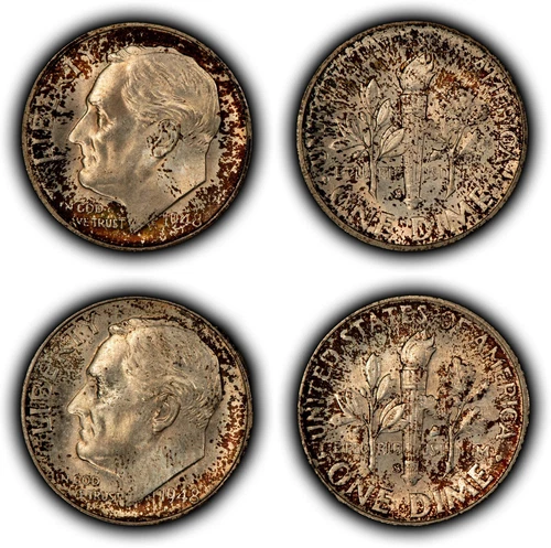 2-Coin 1948-S 10c Roosevelt Silver Dime BU Colorful Toning - .144 ASW - Z5656