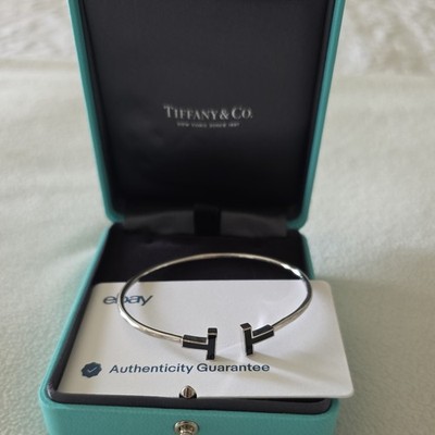 Tiffany & Co. 18K White Gold Wire Bracelet T Black Onyx Size Large