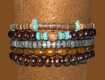 Boho Wooden Bead Bracelets - 5 Piece Set - Stacking Layering - Turquoise
