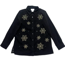 Quacker Factory Women’s M Black Snowflake Holiday Shirt Suede Rhinestone Y2K VTG