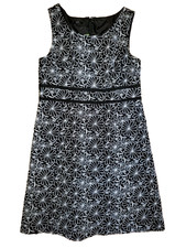 Talbots Sleeveless M Fit Flare Dress Black White Stitched Flowers Linen Bld NWT