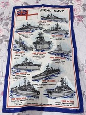 Vintage tea towel featuring various ships of the British Royal Navy 20th century