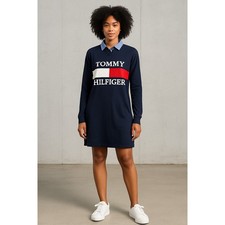 NWT Tommy Hilfiger Long Sleeve Logo Polo Shirt Dress Navy Blue Size Medium 