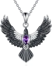 Sterling Silver Pendant Purple Zircon Raven Crow Necklace