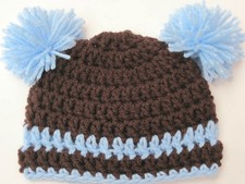 CROCHET POM POM BABY HAT cap knit beanie boy/girl brown photo prop made in USA