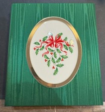 Vtg Green Holiday Lenox Photo Album With Porcelain Holly Insert W/ Original Box