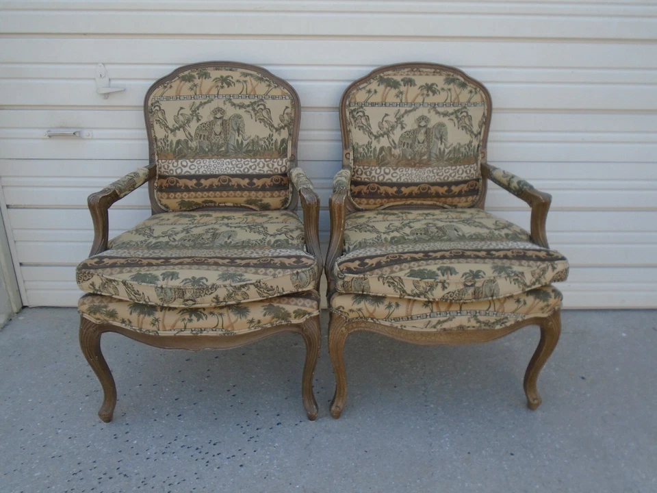 Pair Petite Bergere Chairs Lounge Set 2 Regency Louis XV Monkey Elephant Safaei - Image 2 of 4