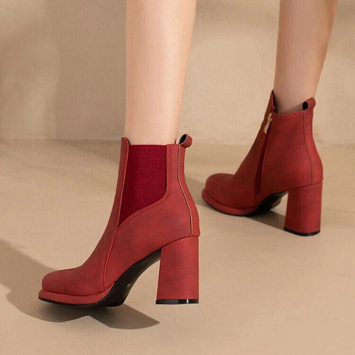 Damen Stiefeletten Mittel Blockabsatz Seitlicher Reißverschluss Chelsea Boots Schuhe - Bild 6 von 28