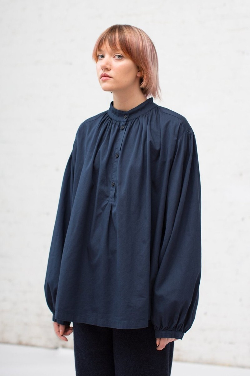 Black Crane Women's Navy Balloon Sleeve Half Button Cotton Blouse