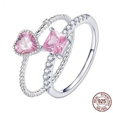 Women 925 Sterling Silver Ring Pink Zircon Heart Rings Girl Love Finger Jewelry