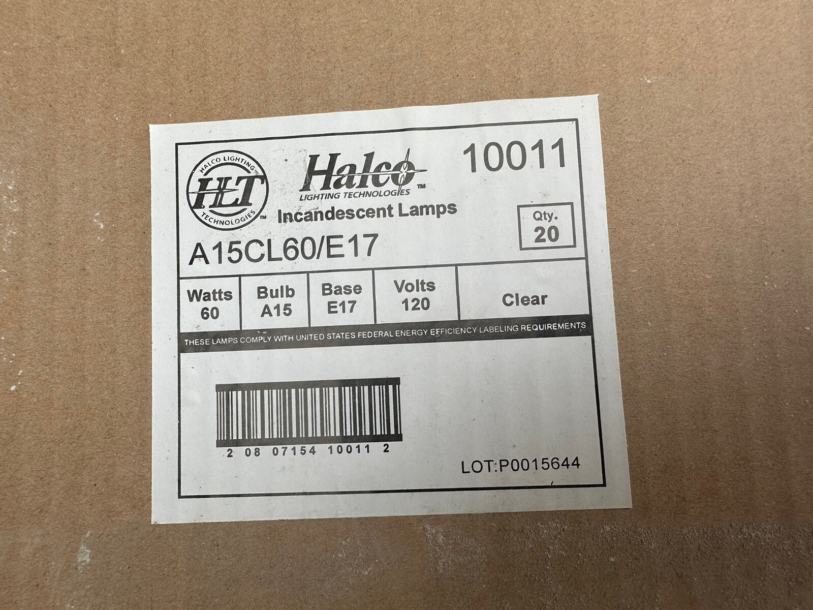 LOT of 20 HALCO 60 WATT, A-15 APPLIANCE, FAN, UTILITY BULBS, A15FR60 CLEAR