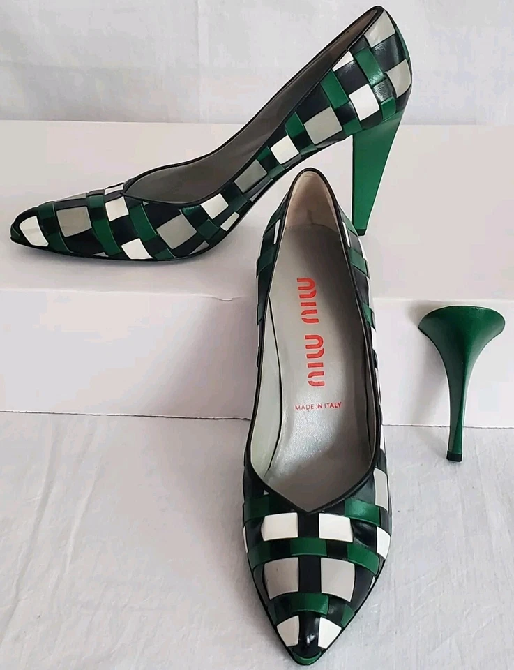 Zapatos de tacón alto de cuero tejido gris negro verde Miu Miu de colección raros 9 LEER Foto 2 de 4