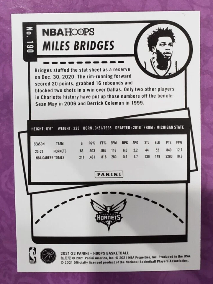2021-22 Panini NBA Hoops #190 Miles Bridges Charlotte Hornets Basketball Card PC - Image 2 of 2