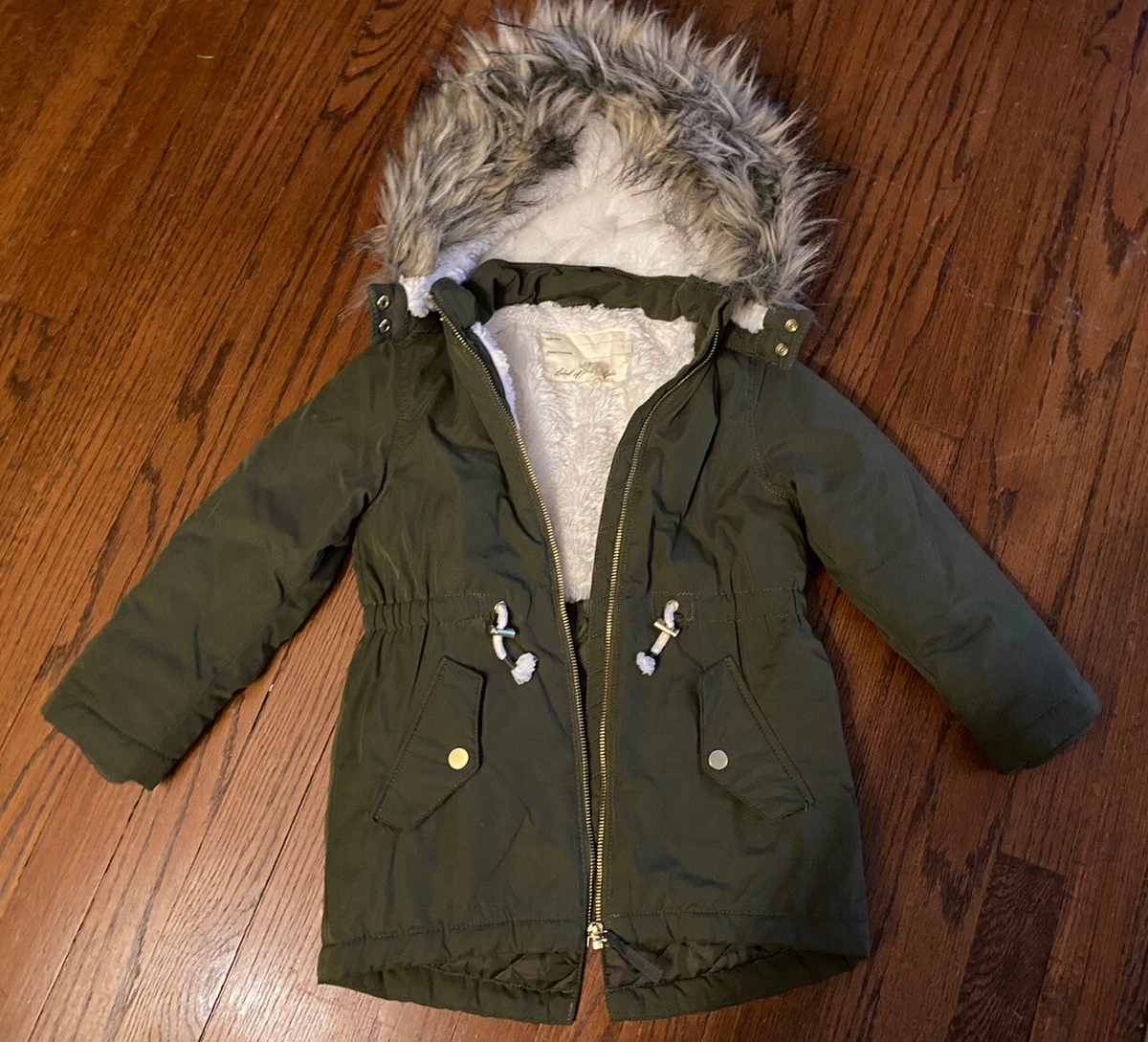 H M LOGG Girls Winter Coat Removable Hood Fur Olive Green Excellent EUC Sz 6