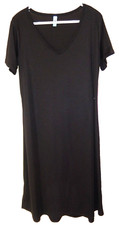Vobcty V-neck Flare Midi Dress, hem side splits & comfy stretch-XL, black