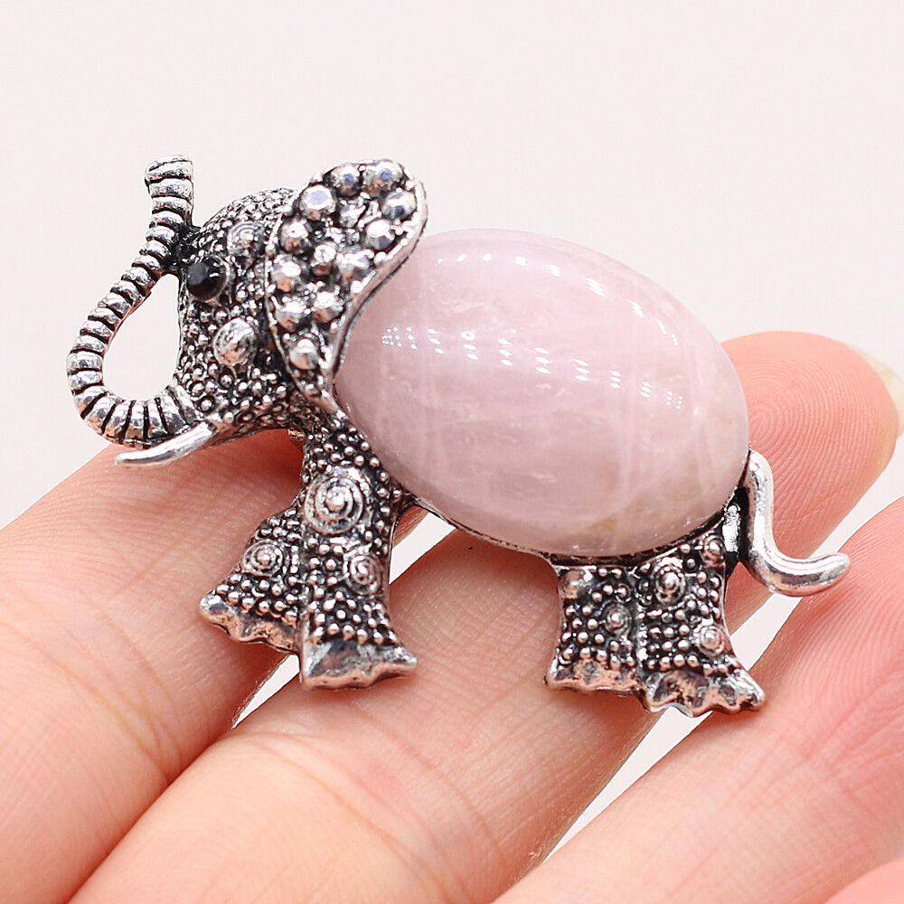 Broche éléphant pierre naturelle quartz rose rose/argent