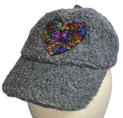 Limited Too Girls GRAY Sherpa Fleece Fashion Hat Baseball Cap Sequins Heart NWOT - 第 1/4 張圖片