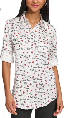 KARL LAGERFELD PARIS Women's Whimsical-Print Roll-Sleeve Top Size PL