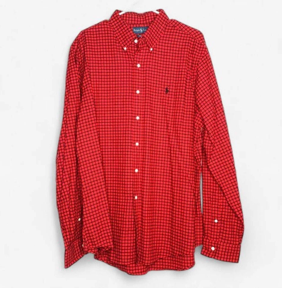 Camisa de vestir Ralph Lauren para hombre roja y negra a cuadros negros talla XL