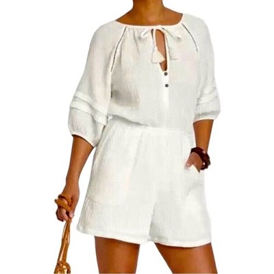 Knox Rose Women's White Cotton Gauze Textured Romper Boho Beach Resort Medium