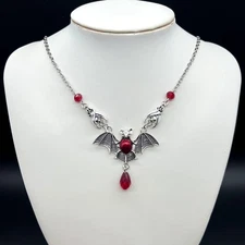 Red Crystal Beads Gothic Bat Necklace Vampire Statement Jewelry Women